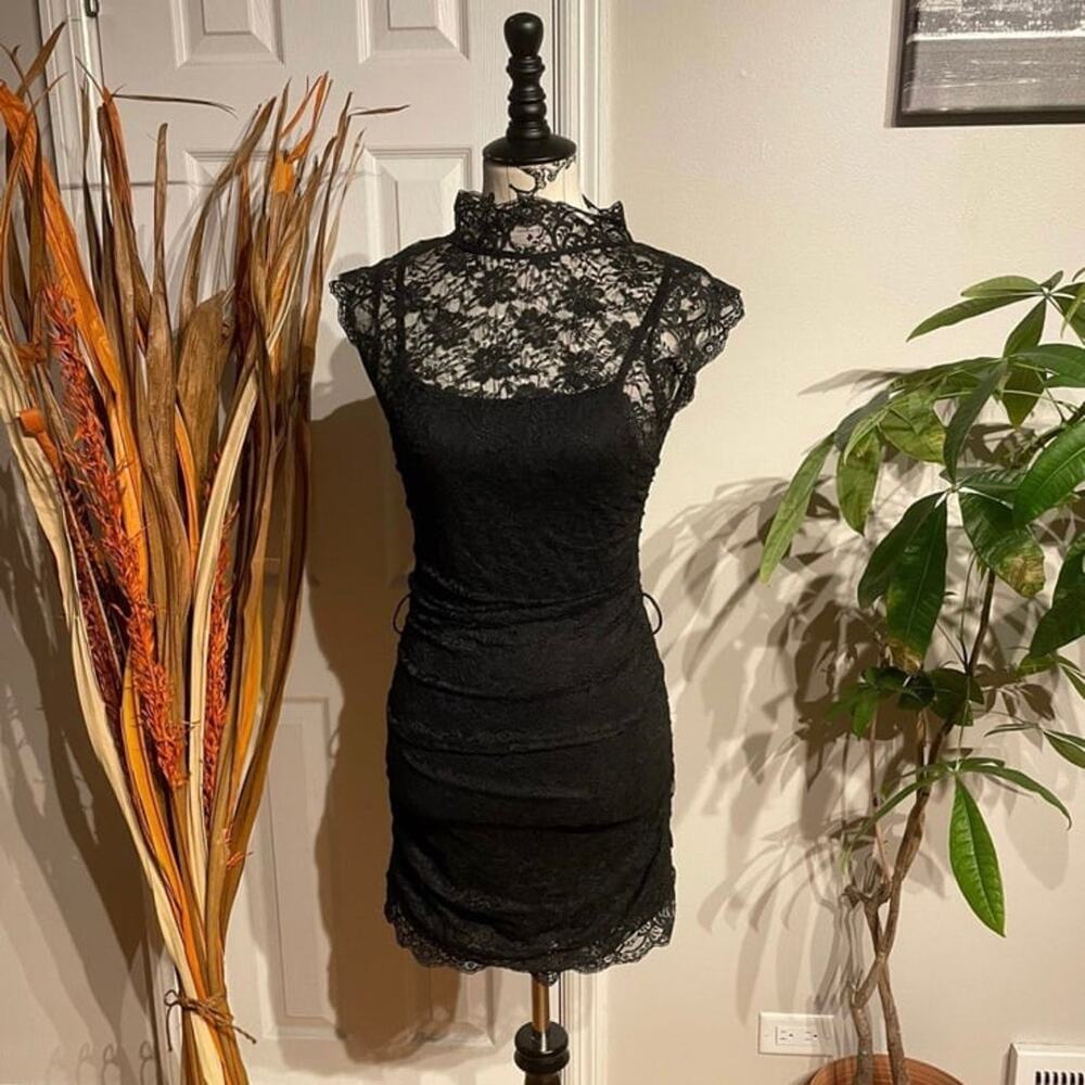 Vintage y2k Audrey Ann Lace LBD Mock Fit Bodice Draped Rave goth club shift sexy